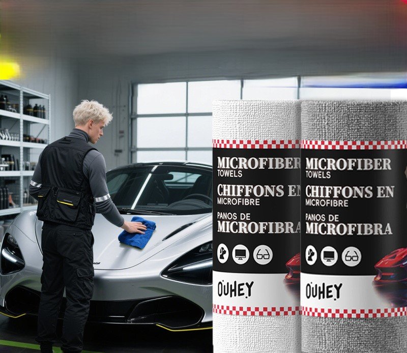Professional car detailing with microfiber towels