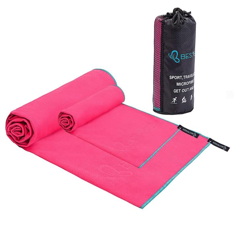 Travel beach towel folded and packed into pouch