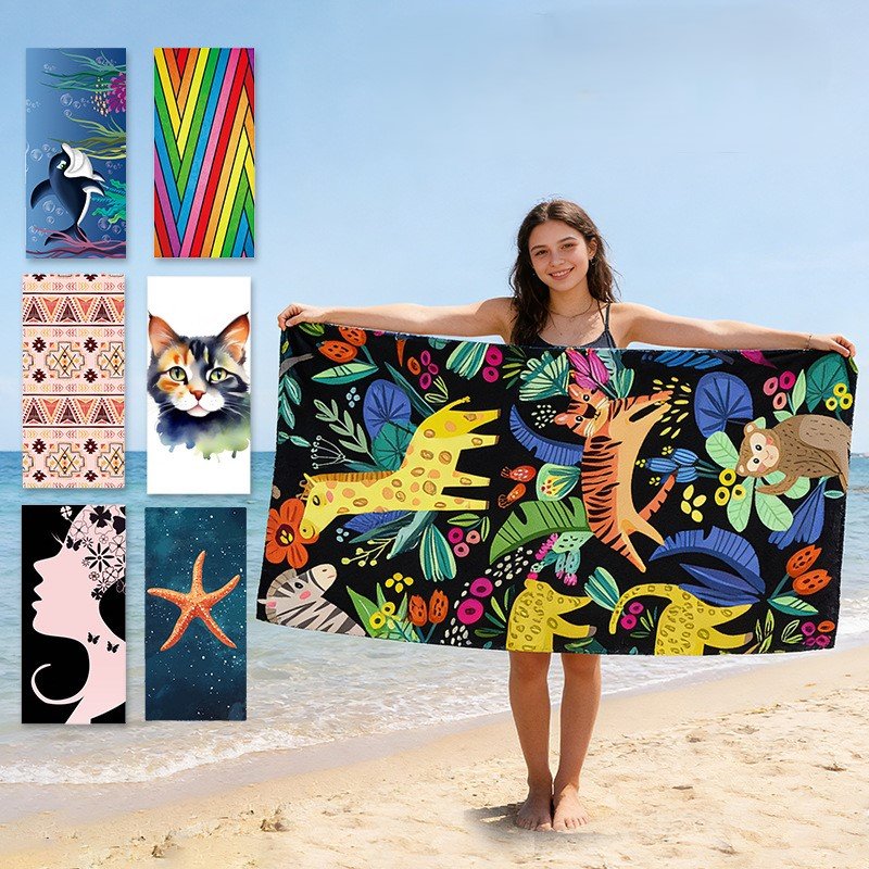 Examples of personalized beach towels with names, initials, and custom graphics