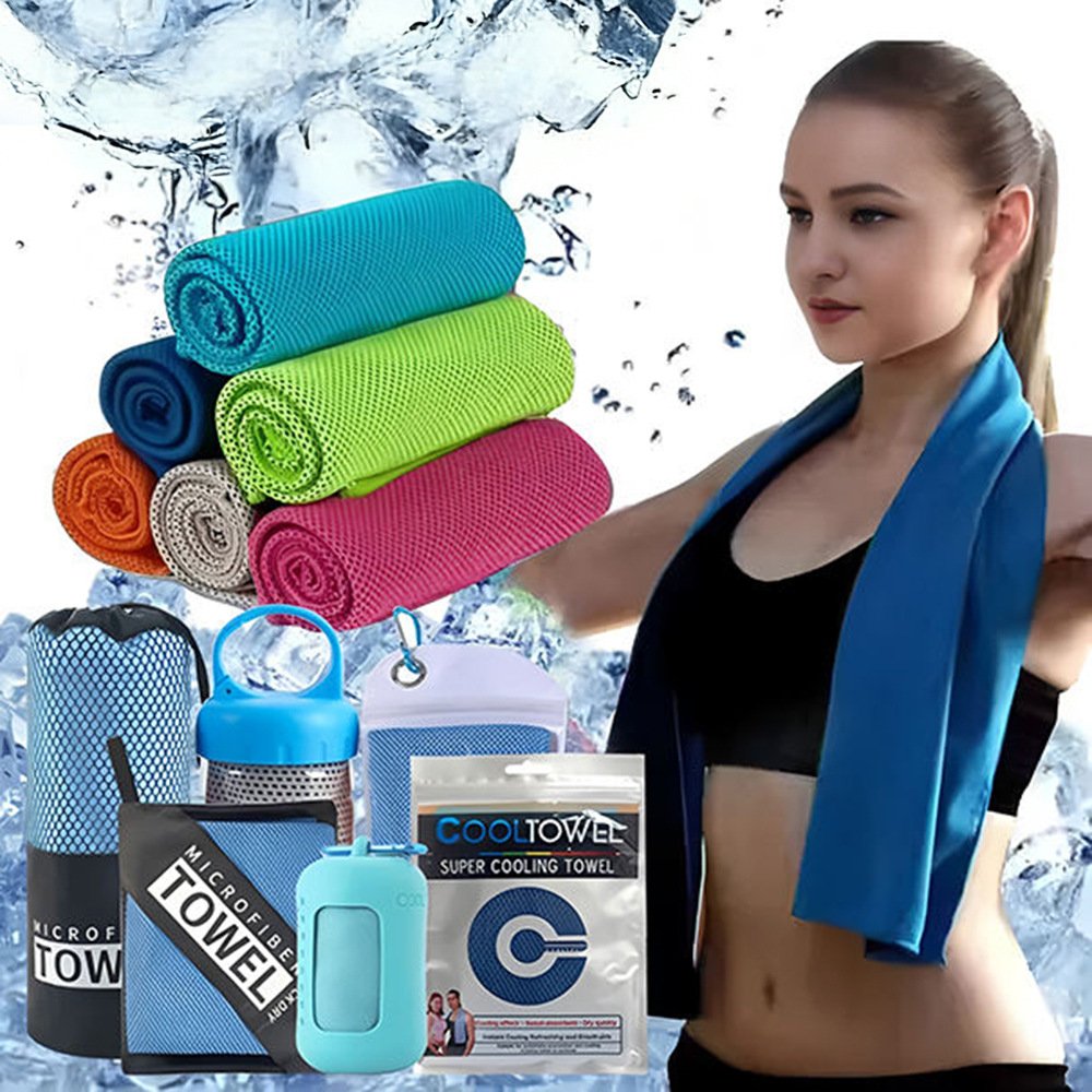 Cooling sports towel draped around the neck