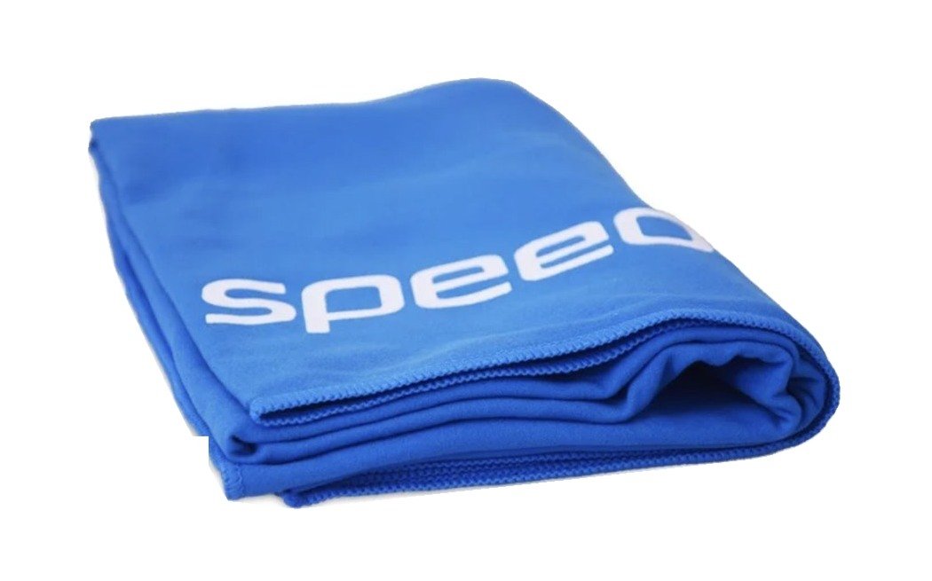 Blue folded sports towel with a white printed logo, centered on a clean white background