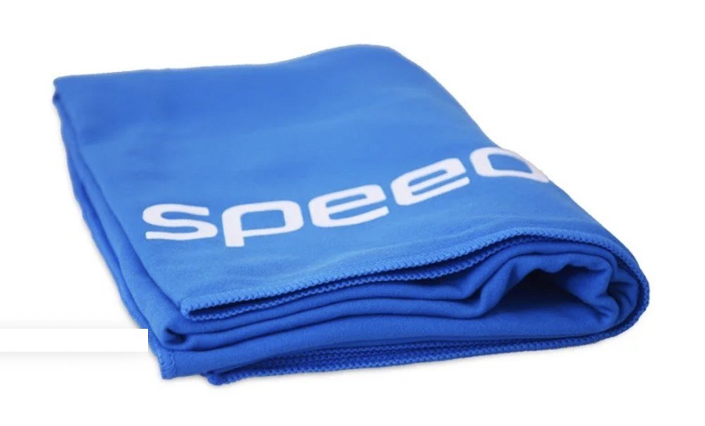 Folded blue sports towel with a white Speedo logo