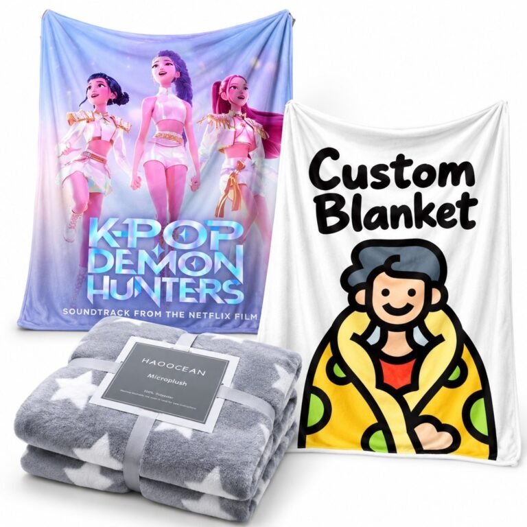 Two illustrated printed blankets and a folded grey plush blanket with white stars