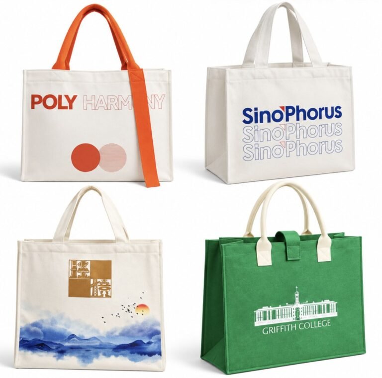 Four branded tote bags in cream and green with printed logos and contrasting handles