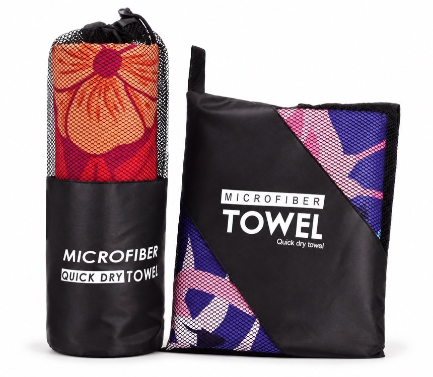 Two black mesh carry pouches for microfiber towels on a white background