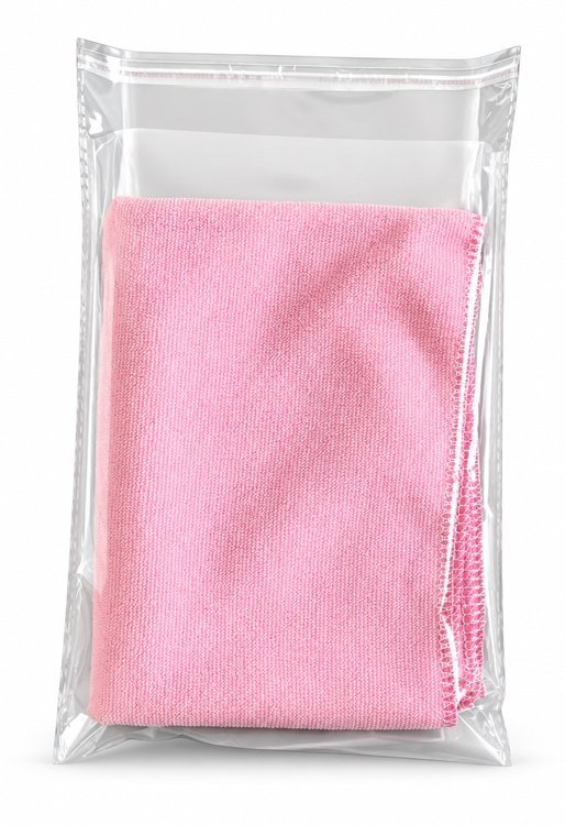 Pink microfiber towel in clear polybag packaging on a white background