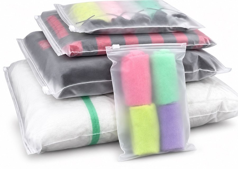 Folded towels in translucent PVC zip bags on a white background