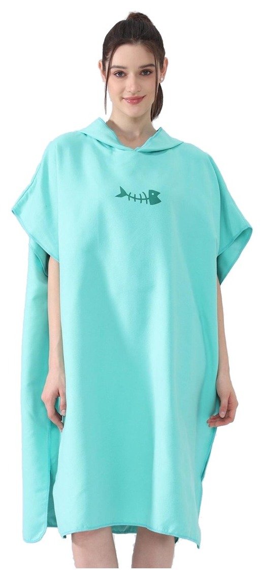 Woman wearing a mint green hooded beach towel on white, shown larger with narrow white margins