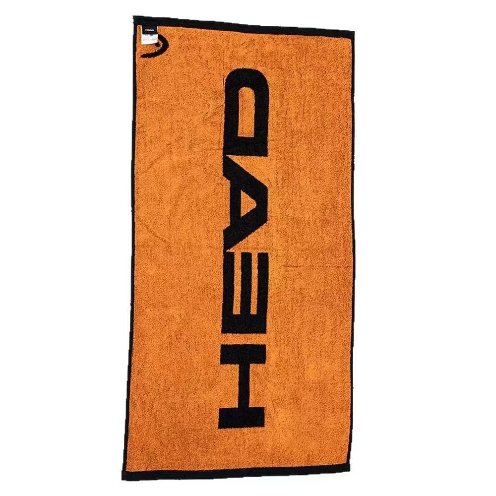 Orange sports towel with black Head lettering and black edging on a white background