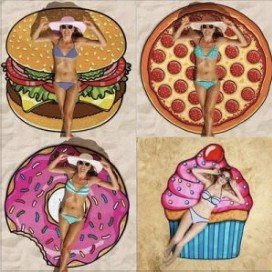 Beach towels in hamburger, pizza, doughnut and cupcake designs
