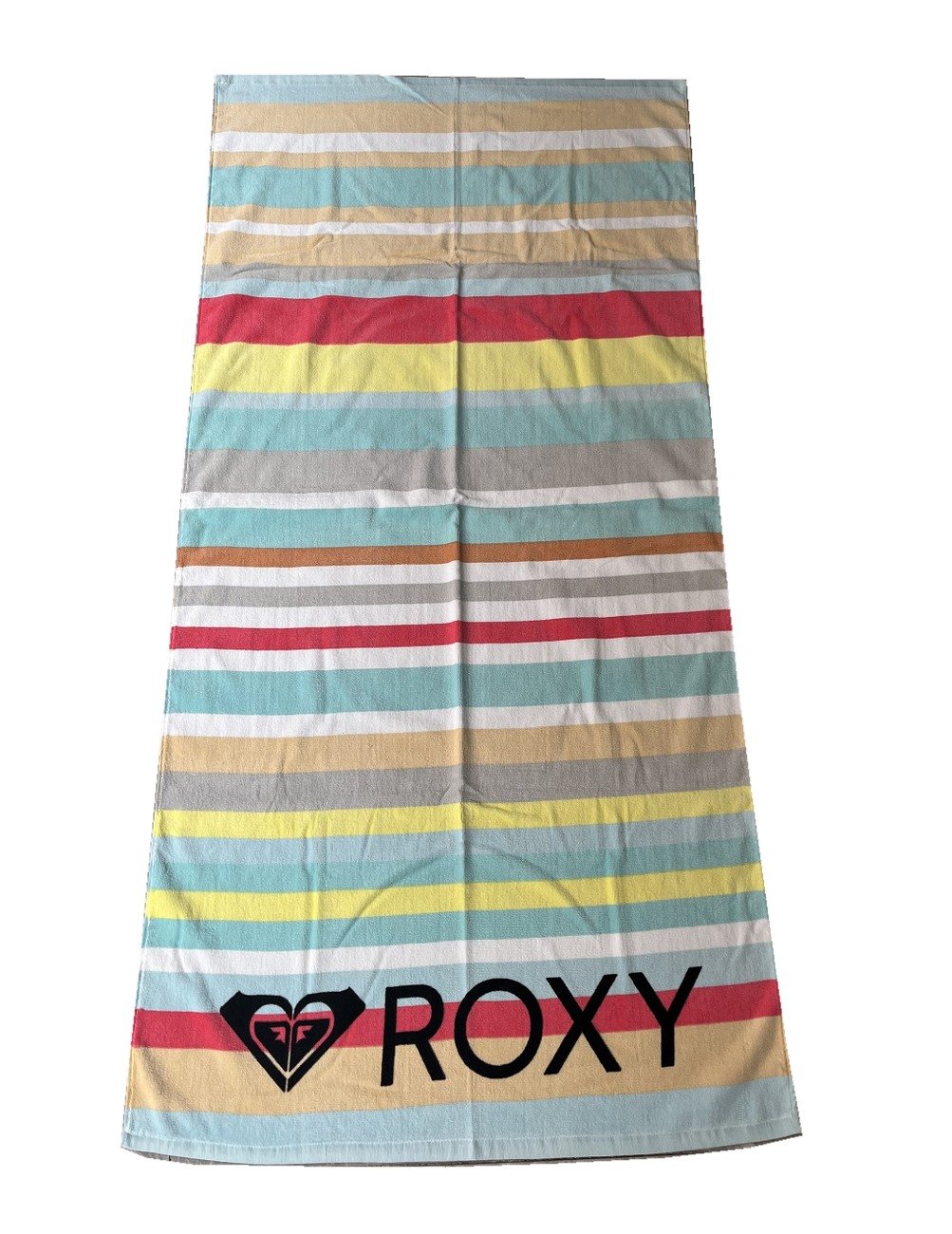 Full-length multicolor striped beach towel with a black Roxy logo, centered on a white background