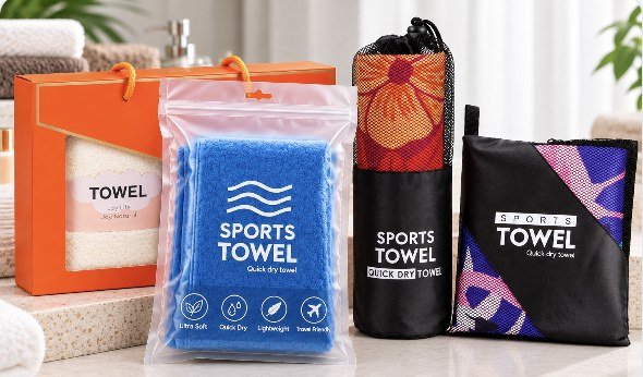 Towel packaging examples with an orange gift box, clear pouch and black mesh carry bags